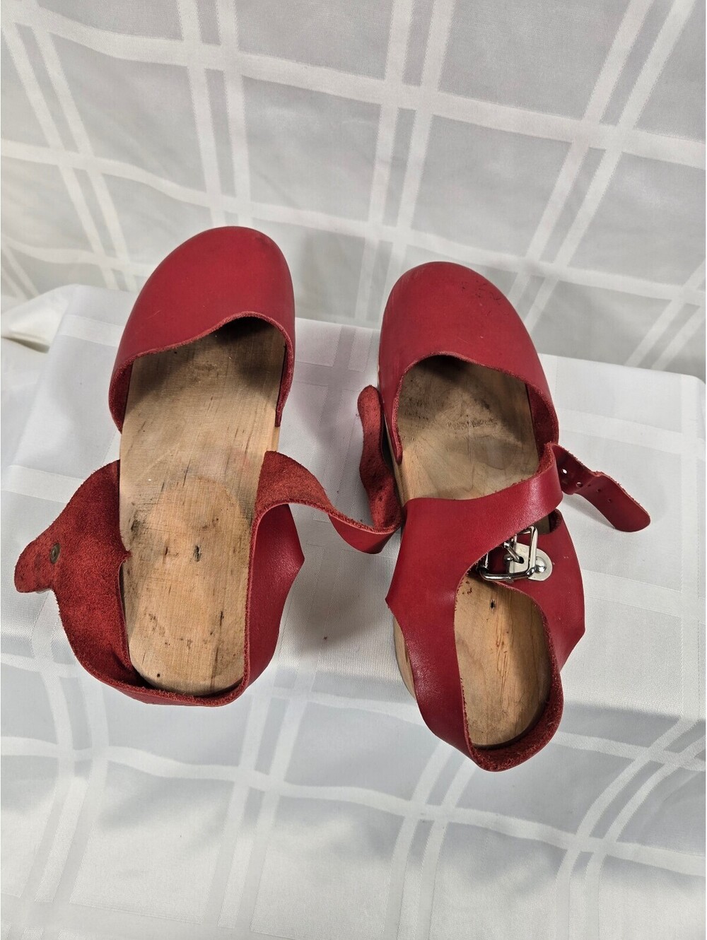 Lotta from Stockholm Red Leather Swedish Wooden Clogs Boho - Picture 8 of 11